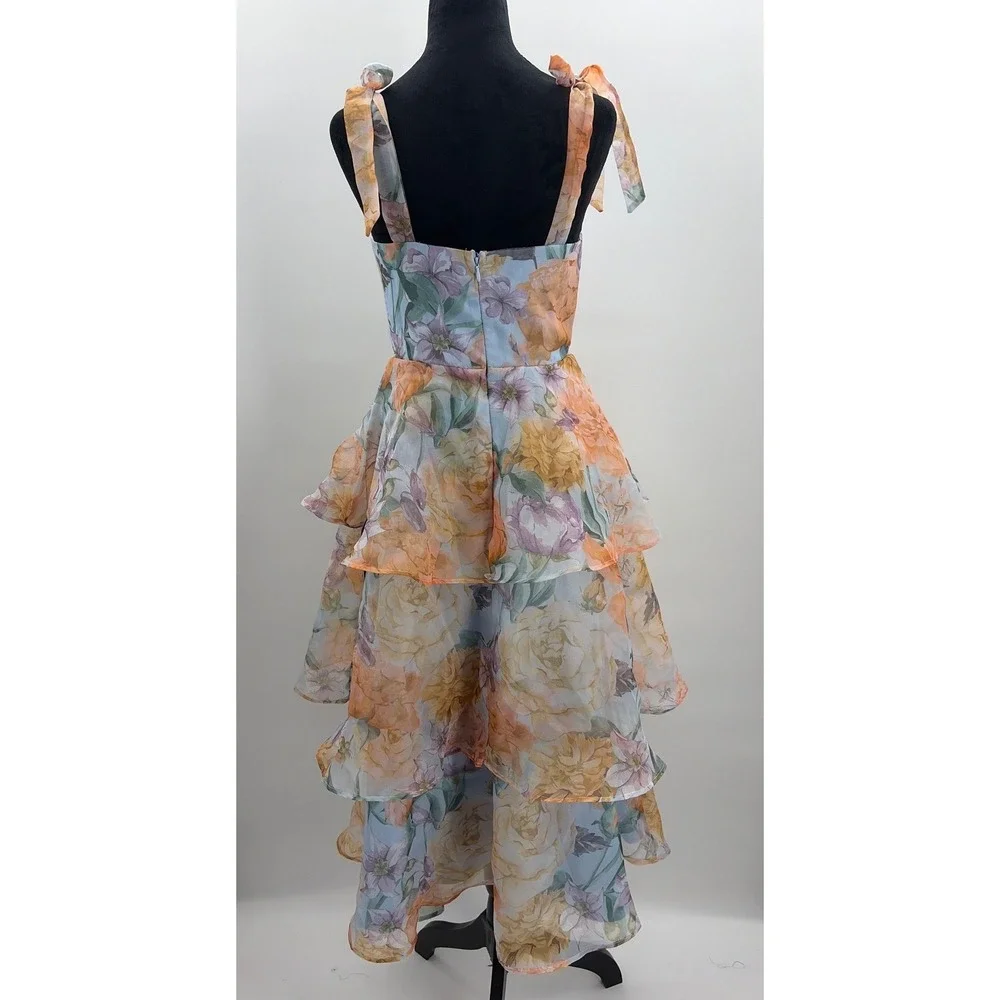Lulus Playfully Posh Blue Floral Organza Tie-Strap Tiered Midi Dress Small NWT